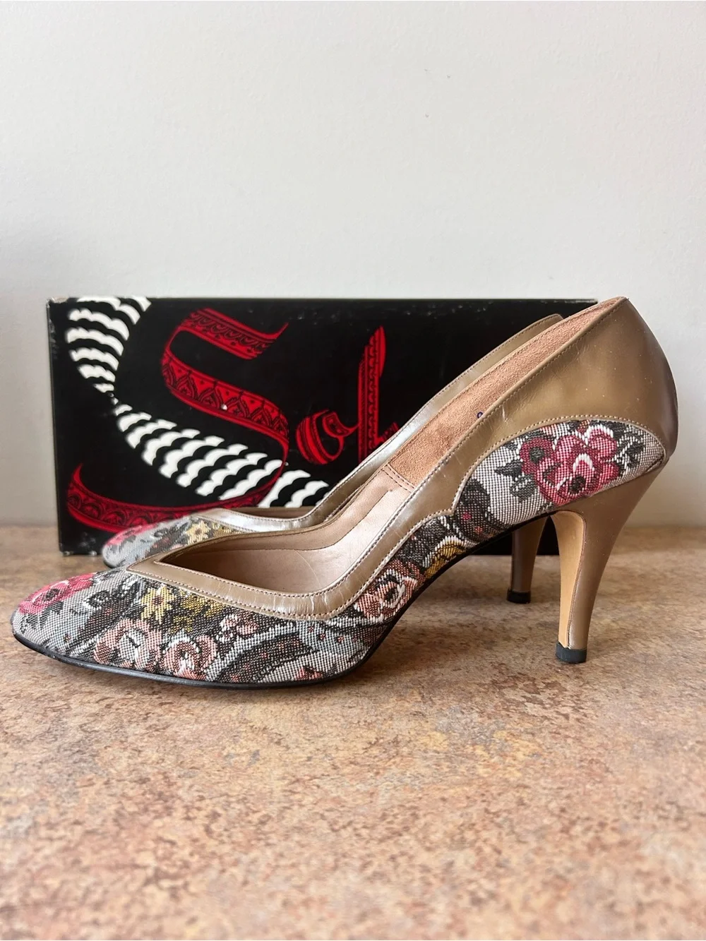 Vintage Floral Tapestry/Leather Heels customized for Ray Ehinger size 9
